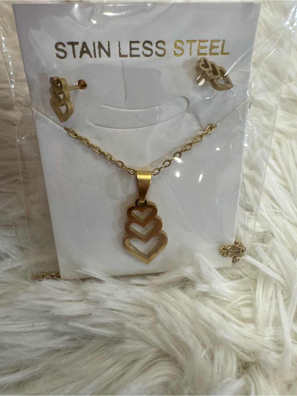 Gold Heart Stack Pendant Necklace and Stud Earrings - Stainless Steel